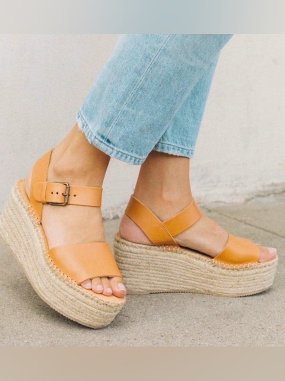 Soludos Minorca Tan Leather Espadrille Platform Wedges Sandals- Size 5